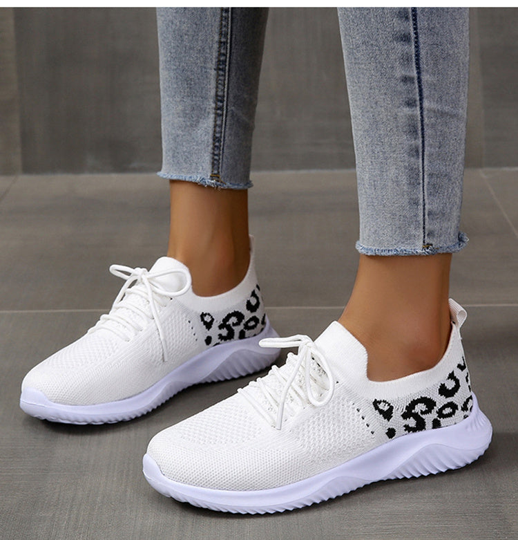 Leopard Print Sneakers - White Shoes Women Leopard Print Lace-up Sneakers Sports