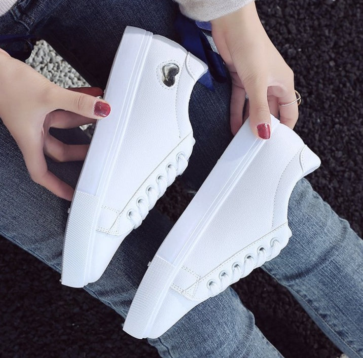 Love Sneakers - Fashion New Woman PU Leather Shoes Ladies Breathable Cute Heart Flats Casual Shoes White Sneakers