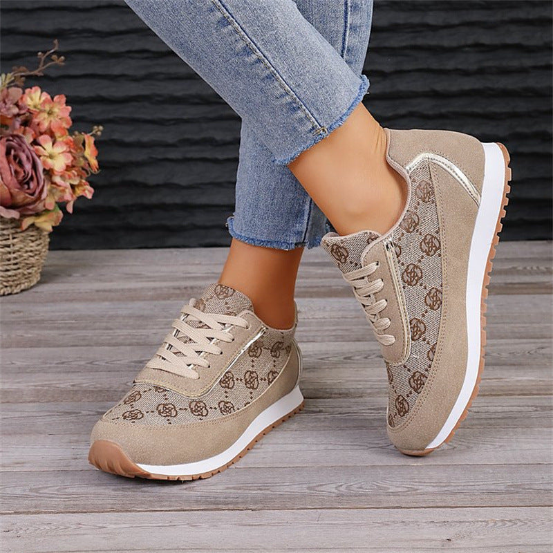 Flower Print Lace-up Sneakers - Casual Fashion Lightweight Breathable Walking Running Sports Shoes Women Flats