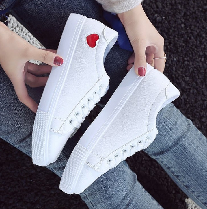 Love Sneakers - Fashion New Woman PU Leather Shoes Ladies Breathable Cute Heart Flats Casual Shoes White Sneakers