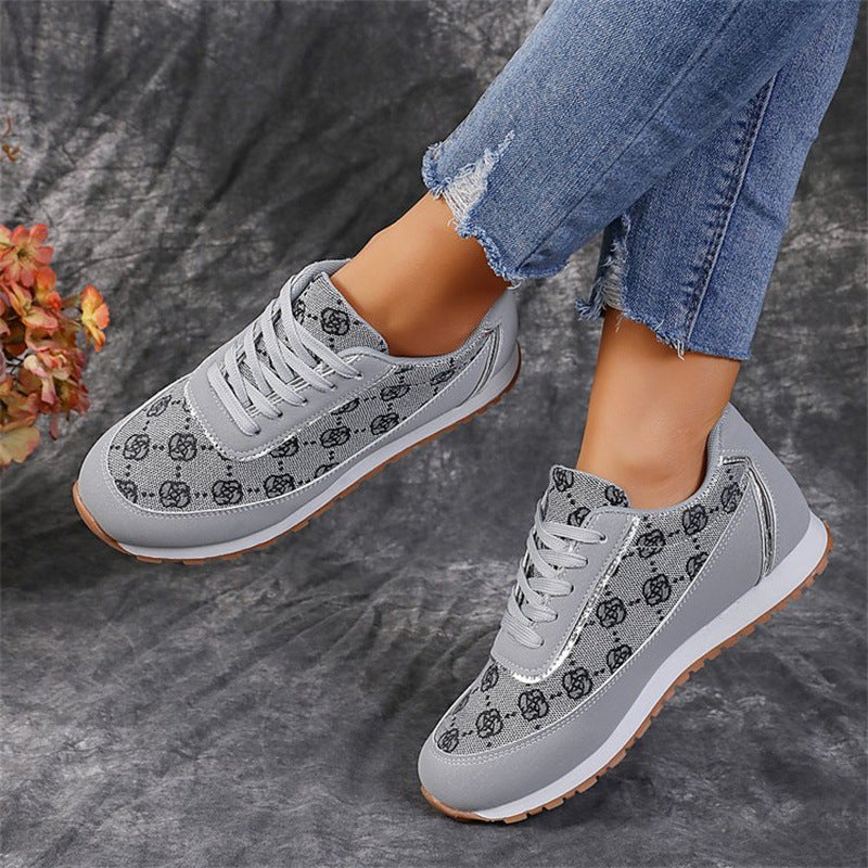 Flower Print Lace-up Sneakers - Casual Fashion Lightweight Breathable Walking Running Sports Shoes Women Flats