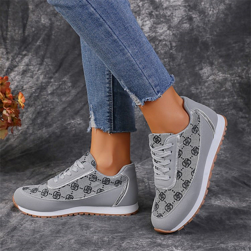 Flower Print Lace-up Sneakers - Casual Fashion Lightweight Breathable Walking Running Sports Shoes Women Flats