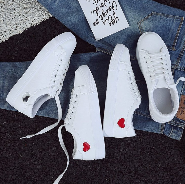 Love Sneakers - Fashion New Woman PU Leather Shoes Ladies Breathable Cute Heart Flats Casual Shoes White Sneakers