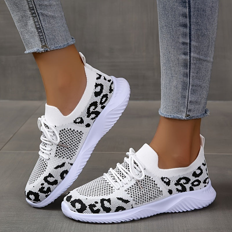 Leopard Print Sneakers - White Shoes Women Leopard Print Lace-up Sneakers Sports