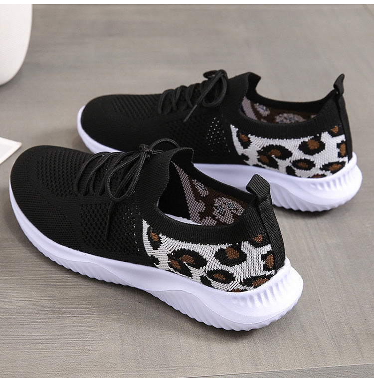 Leopard Print Sneakers - White Shoes Women Leopard Print Lace-up Sneakers Sports