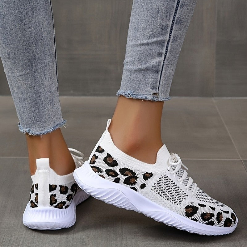 Leopard Print Sneakers - White Shoes Women Leopard Print Lace-up Sneakers Sports