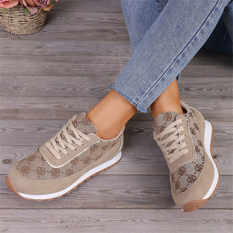 Flower Print Lace-up Sneakers - Casual Fashion Lightweight Breathable Walking Running Sports Shoes Women Flats