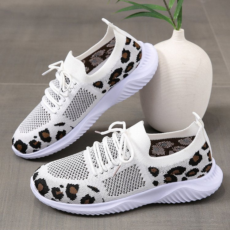 Leopard Print Sneakers - White Shoes Women Leopard Print Lace-up Sneakers Sports