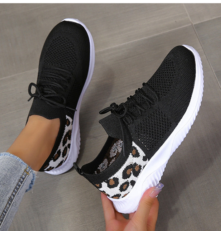 Leopard Print Sneakers - White Shoes Women Leopard Print Lace-up Sneakers Sports