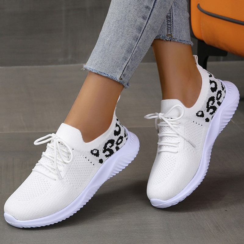 Leopard Print Sneakers - White Shoes Women Leopard Print Lace-up Sneakers Sports