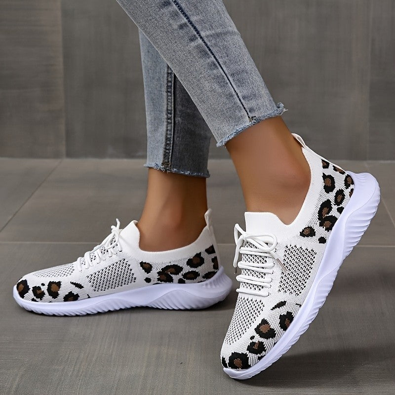 Leopard Print Sneakers - White Shoes Women Leopard Print Lace-up Sneakers Sports