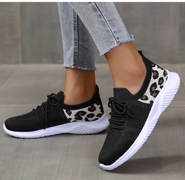 Leopard Print Sneakers - White Shoes Women Leopard Print Lace-up Sneakers Sports