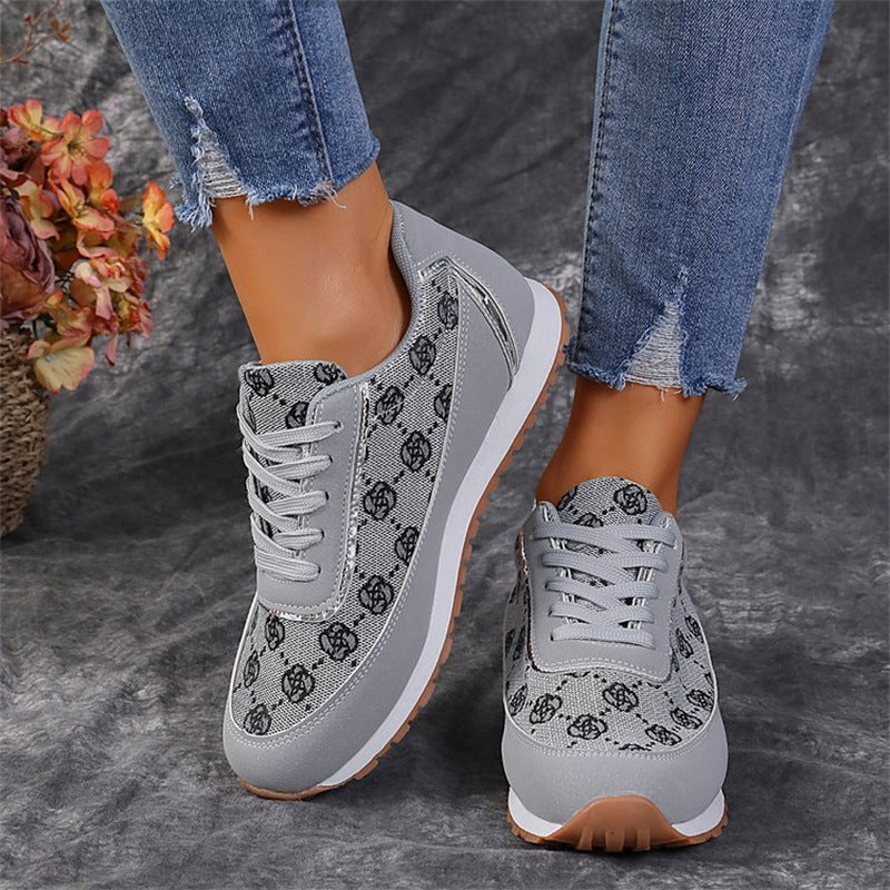 Flower Print Lace-up Sneakers - Casual Fashion Lightweight Breathable Walking Running Sports Shoes Women Flats