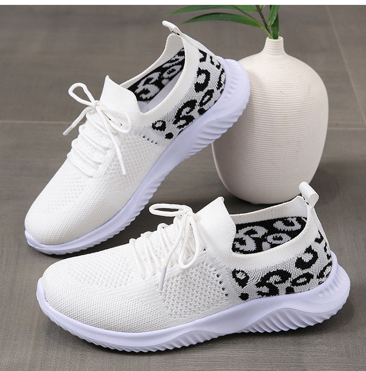 Leopard Print Sneakers - White Shoes Women Leopard Print Lace-up Sneakers Sports