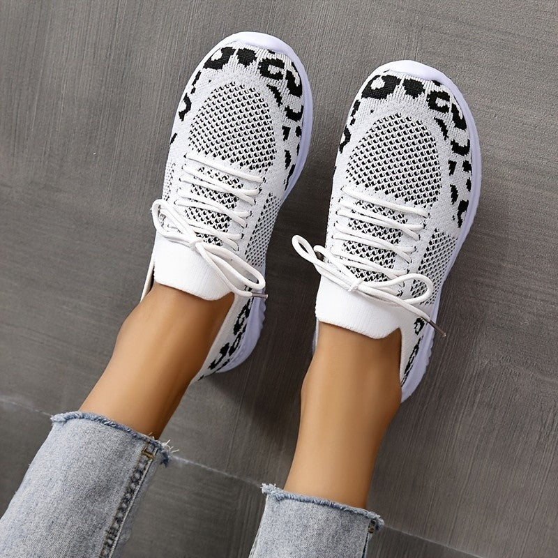 Leopard Print Sneakers - White Shoes Women Leopard Print Lace-up Sneakers Sports